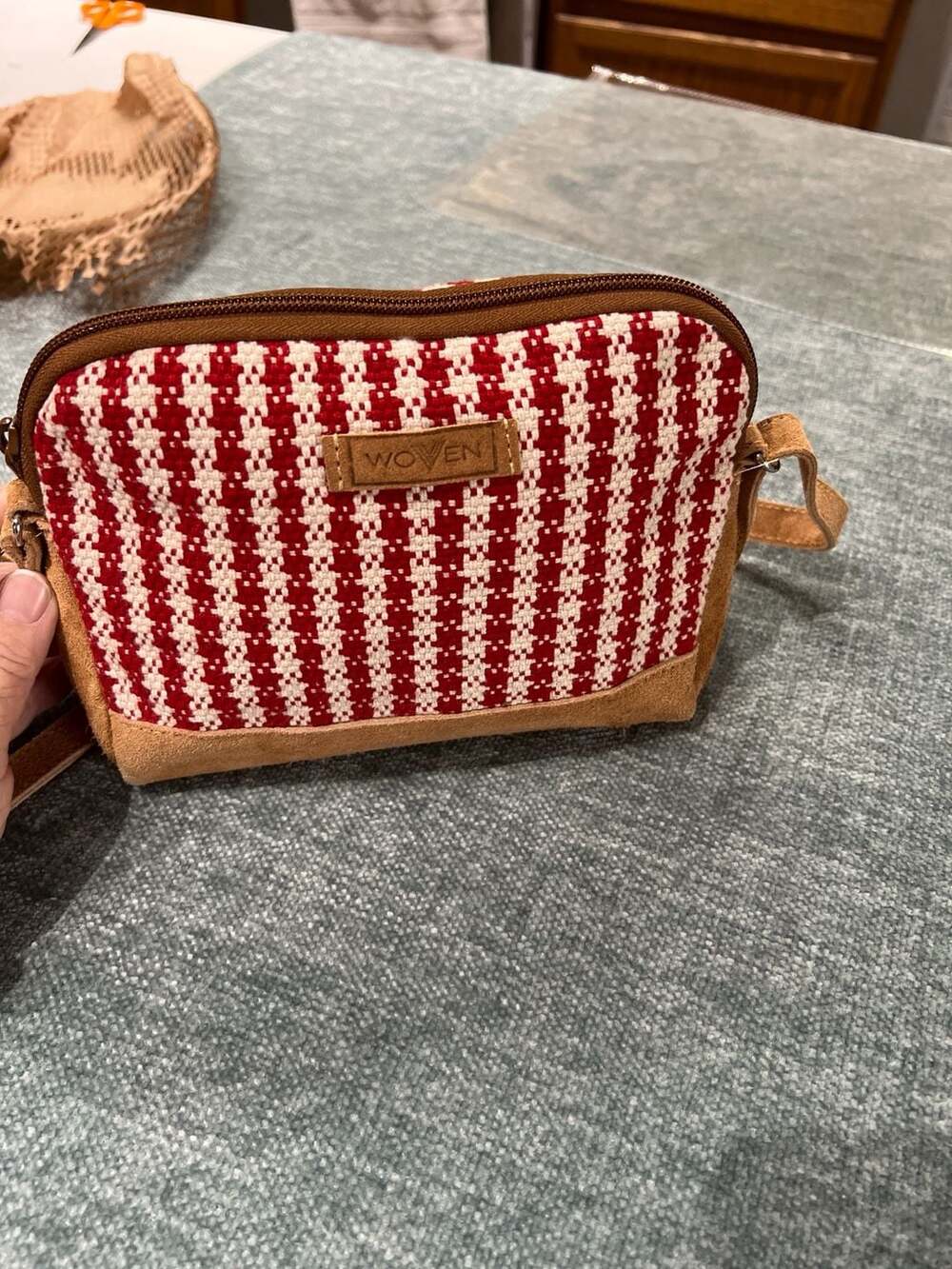 Woven Nepal Handmade Red and White Cotton and Suede Crossbody Bag